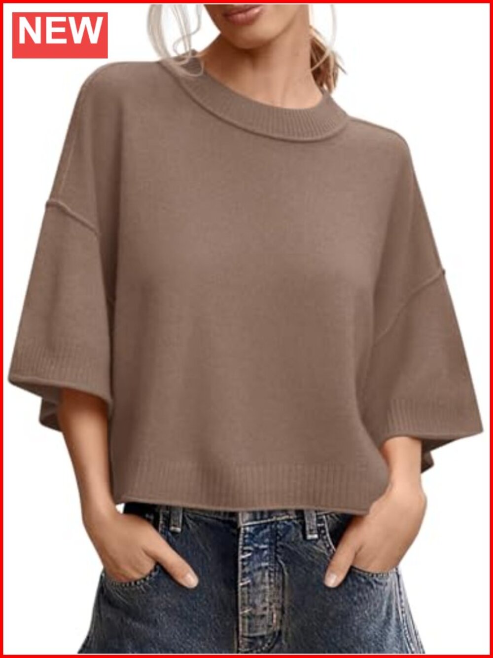 Womens Short Sleeve Sweater Oversized Cropped Knit Top